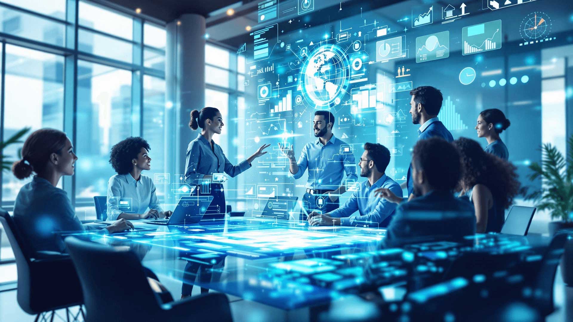 A photorealistic, ultra-high quality image showcasing 'ViewBiz Marketing' as a cutting-edge agency. The composition includes a modern office environment illuminated by natural light, with a digital marketing dashboard in the foreground displaying analytics, market trends, and AI tools. The color palette is vibrant, featuring blues and greens to symbolize technology and innovation. The image is captured from a slightly elevated angle to highlight the workspace's clarity and sophistication, with textures of sleek furniture and screens in focus. Style references include contemporary office aesthetics, while the technical specifications call for 8K resolution, hyperrealistic details.