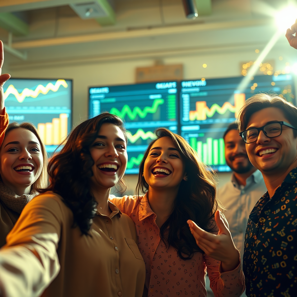 A photorealistic scene illustrating a marketing team celebrating a successful campaign. The background shows analytical charts and results displayed on screens. Bright and celebratory lighting enhances the atmosphere, with a color palette of celebratory golds and greens. The camera angle is wide, showing team members' smiles and their connection with technology. The image should aim for hyperrealism in 8K resolution, emphasizing the impact of AI on their success.