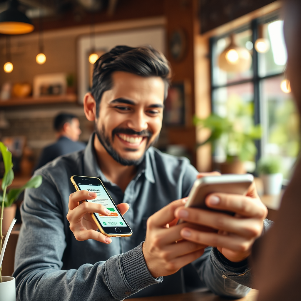 A vibrant image showing a customer receiving a personalized marketing message on their mobile device. The scene conveys warmth and connection, with a background of an inviting café. Natural light enhances the atmosphere, with a color palette of earthy tones. A close-up perspective focuses on the engaged smile of the customer, capturing moments of interaction in high detail for a captivating visual experience, ideally rendered in 4K resolution.
